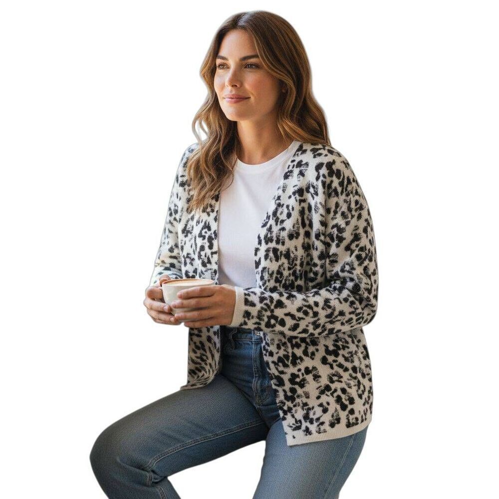 MERONA BLACK & CREAM LEOPARD PRINT CARDIGAN SZ.XS EUC.